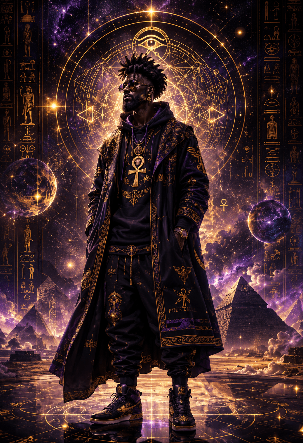 Afrocentric streetwear model in cosmic Egyptian-inspired JR Vortex apparel