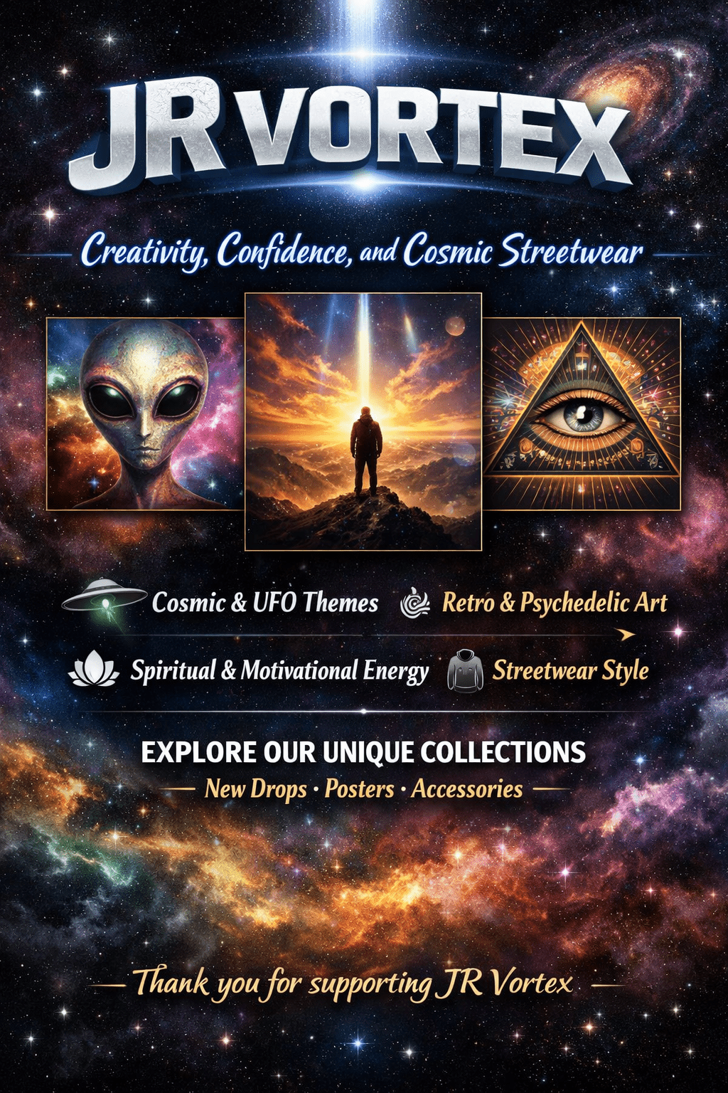JR Vortex brand poster with alien figures, a psychedelic pyramid, and starry galaxy background