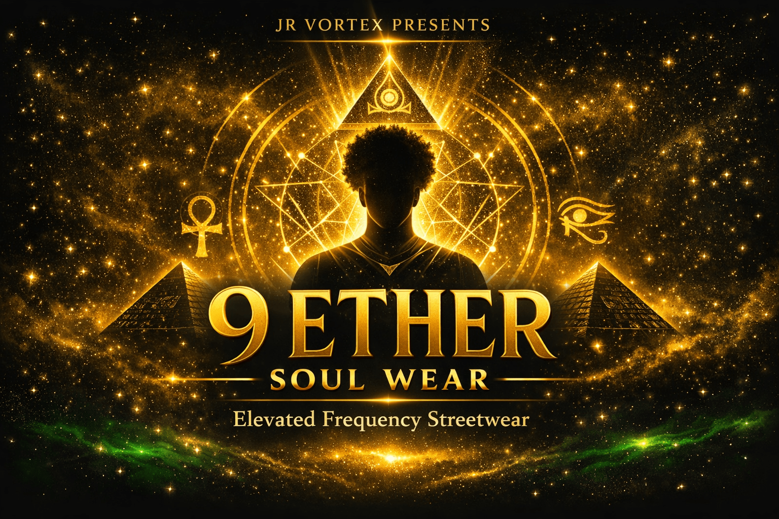 9 Ether Soulwear collection banner with silhouetted figure in golden sacred geometry