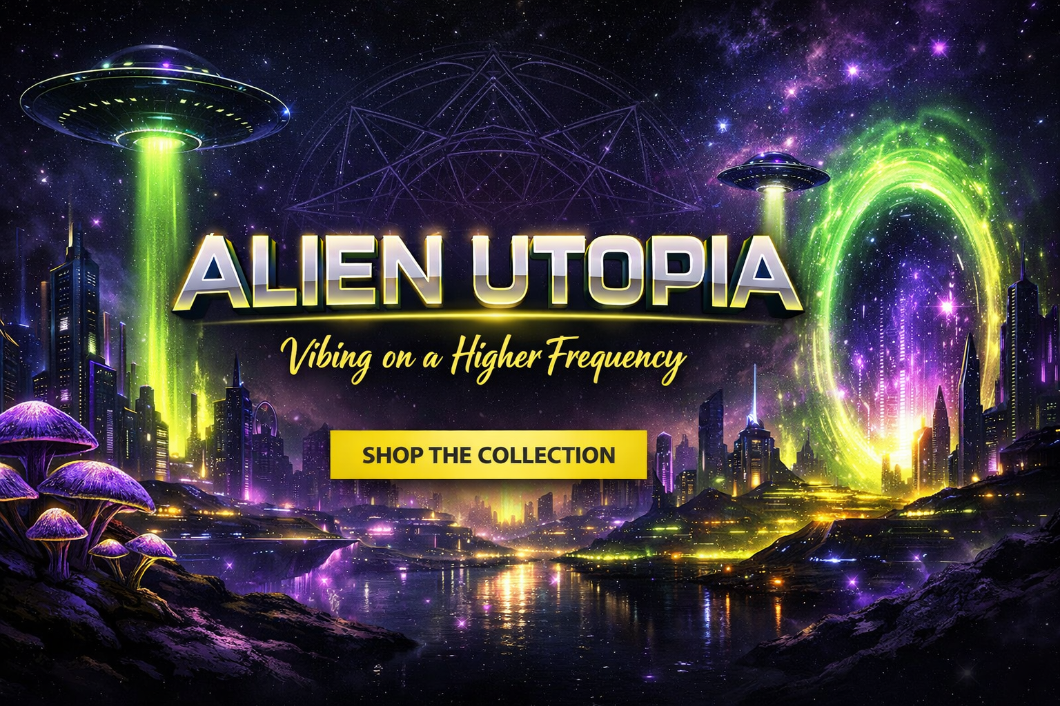 Alien Utopia collection banner featuring cosmic streetwear inspired by alien civilizations