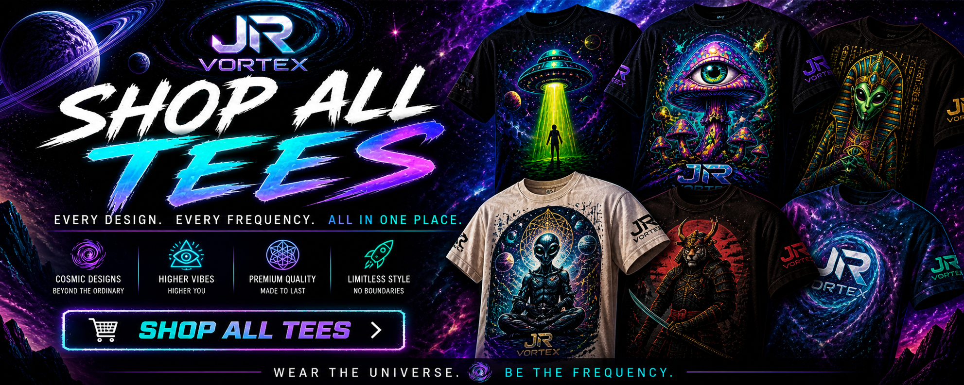 Shop All Tees banner featuring JR Vortex cosmic streetwear graphic tee collection