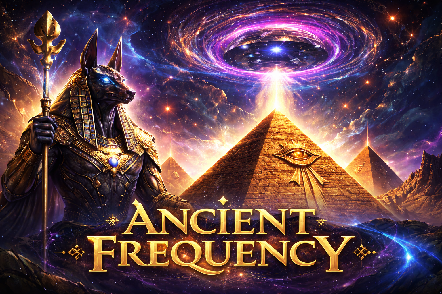 Ancient Frequency collection banner with Anubis figure and golden pyramids under a cosmic portal
