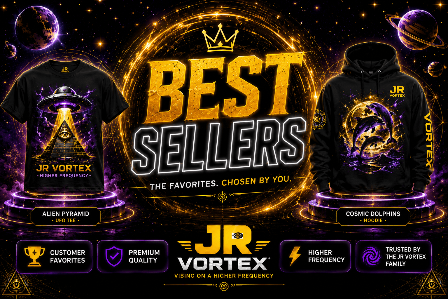 Best Sellers collection banner with trophy icon and JR Vortex apparel display