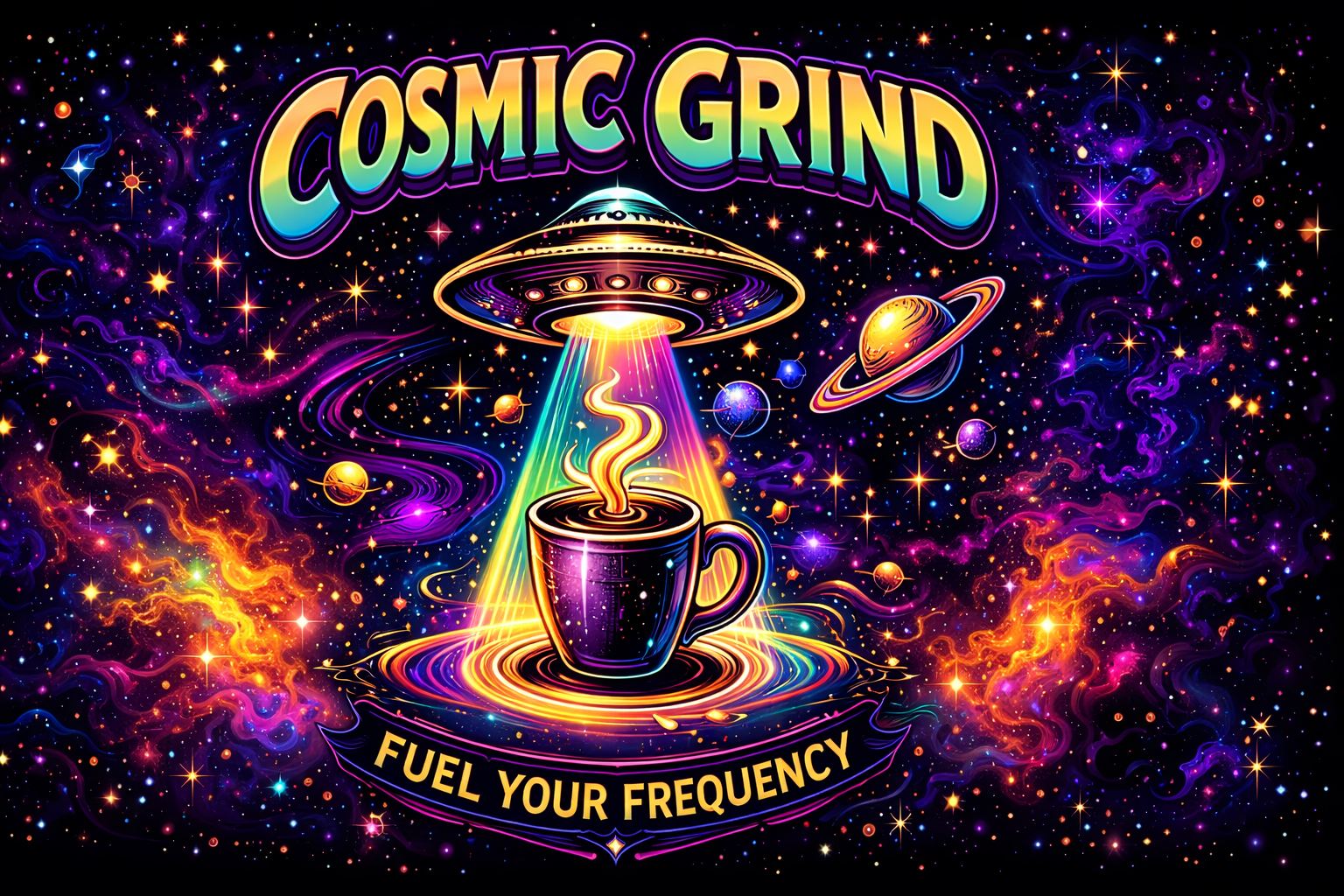 Cosmic Grind Café collection banner with glowing UFO pouring coffee into a cup