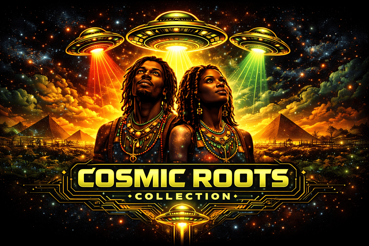 Cosmic Roots collection banner featuring bold streetwear inspired by heritage and cosmic energy