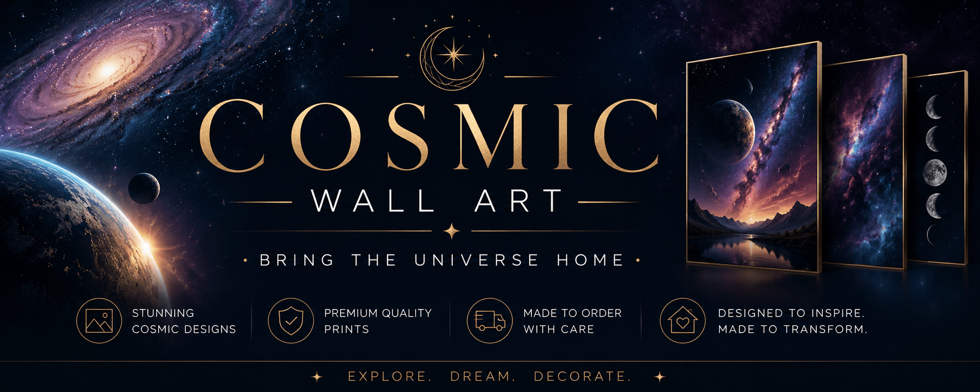 Cosmic Wall Art collection banner featuring space-themed prints and galaxy artwork