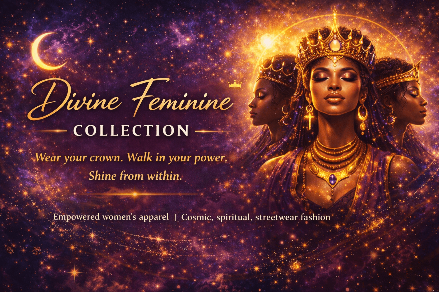Divine Feminine collection banner with regal figure under a crescent moon and cosmic sky