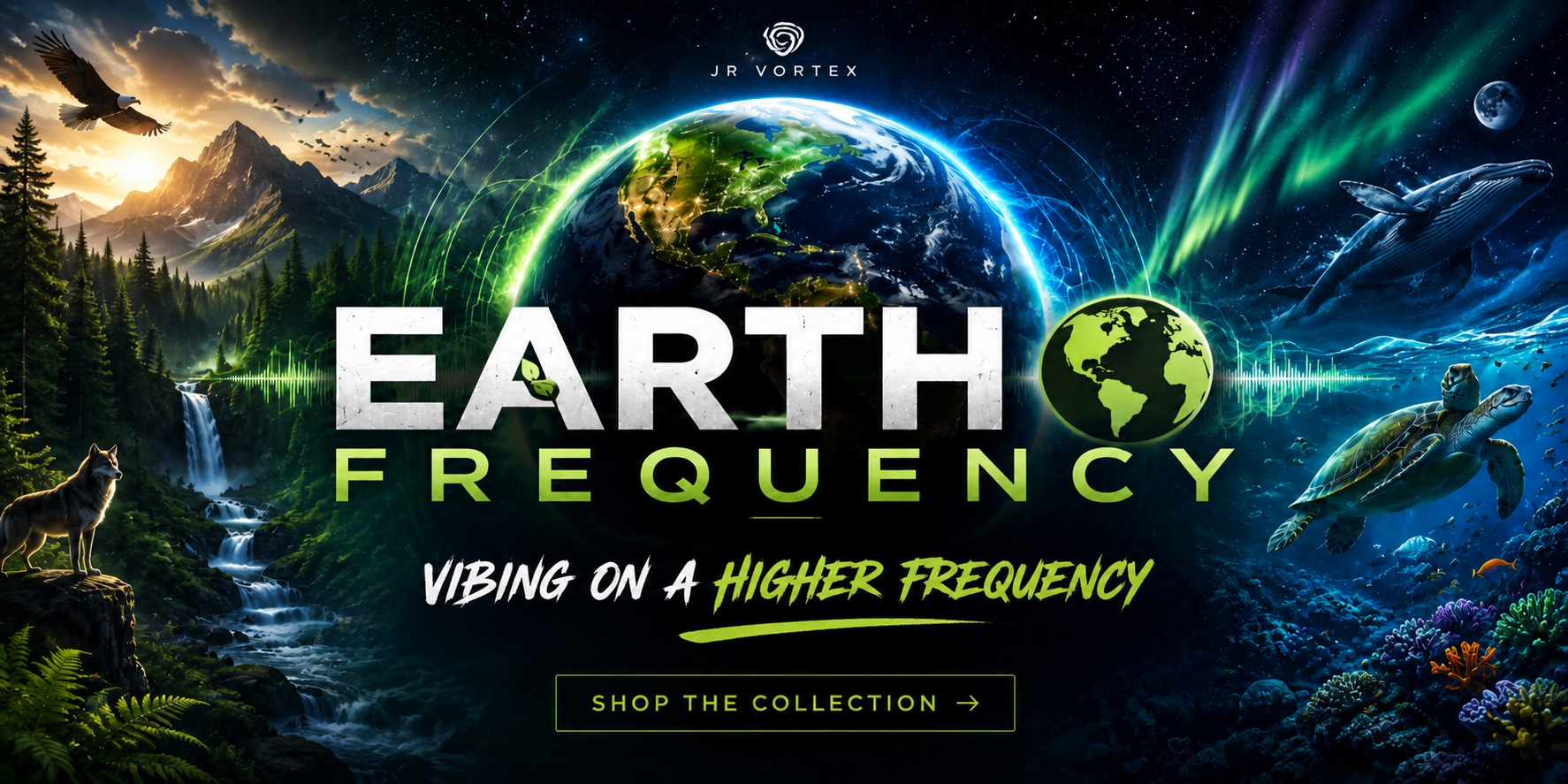 Earth Frequency collection banner with glowing globe and nature-inspired cosmic design