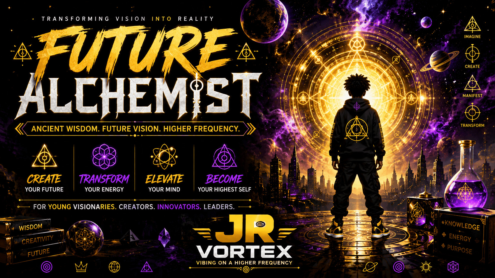 Future Alchemist collection banner with silhouetted figure in a glowing cosmic doorway
