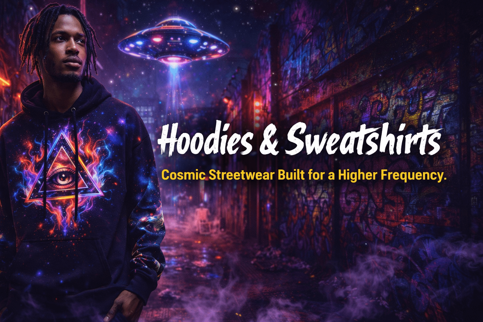 Hoodies and Sweatshirts collection banner with figure under a neon UFO cityscape