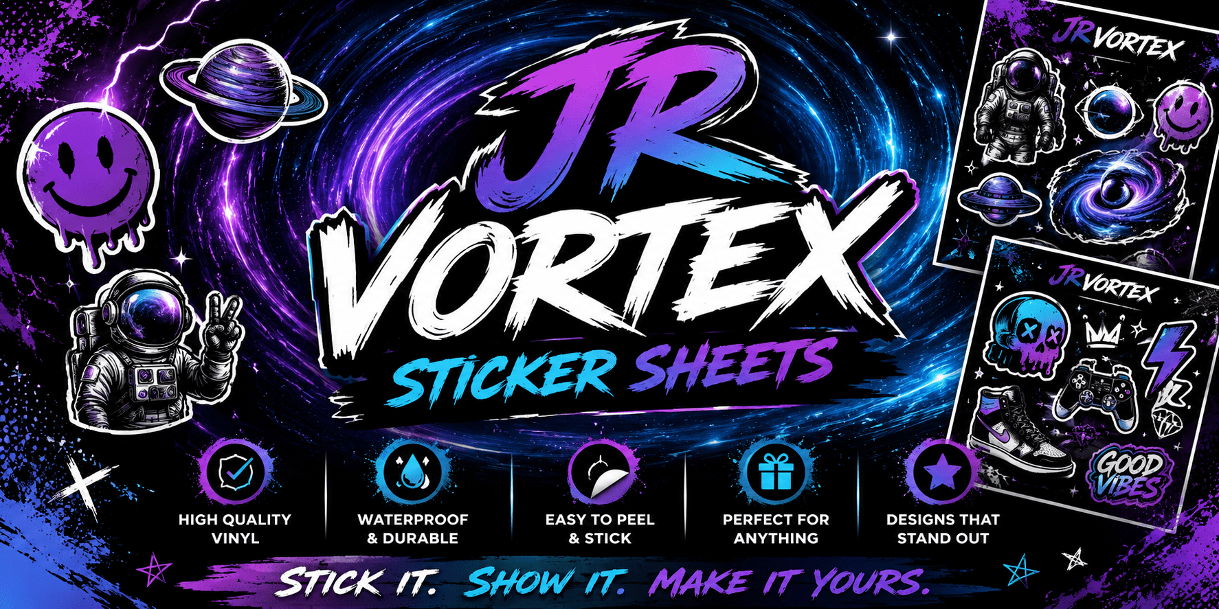 JR Vortex Sticker Sheets banner with cosmic purple design and alien graphics