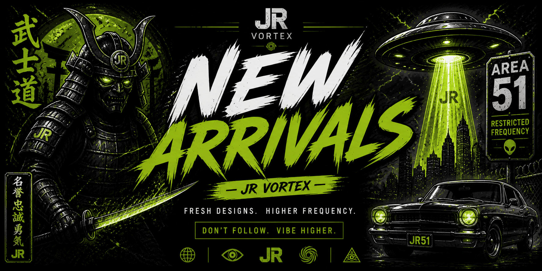 New Arrivals collection banner with neon green graphic and cosmic streetwear design