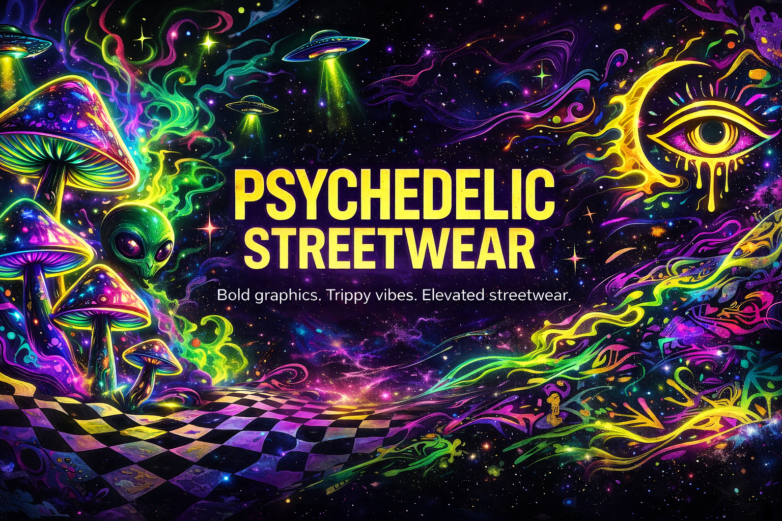 Psychedelic Streetwear collection banner with swirling neon colors and cosmic eye