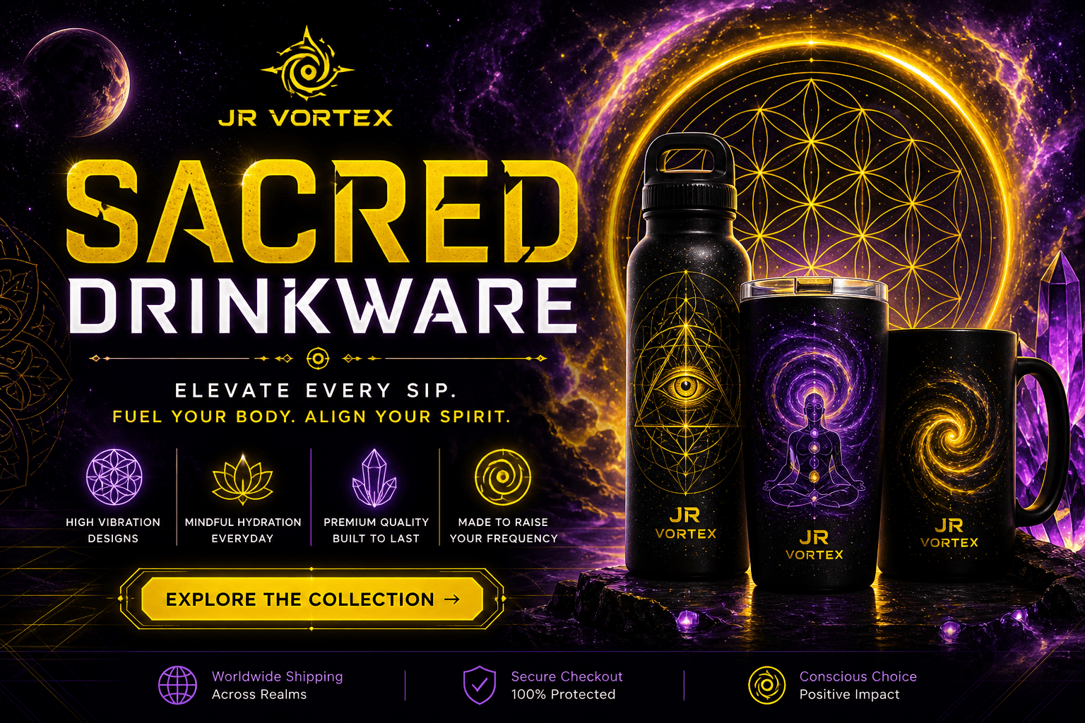 Sacred Drinkware collection banner with glowing purple mugs and cosmic temple design