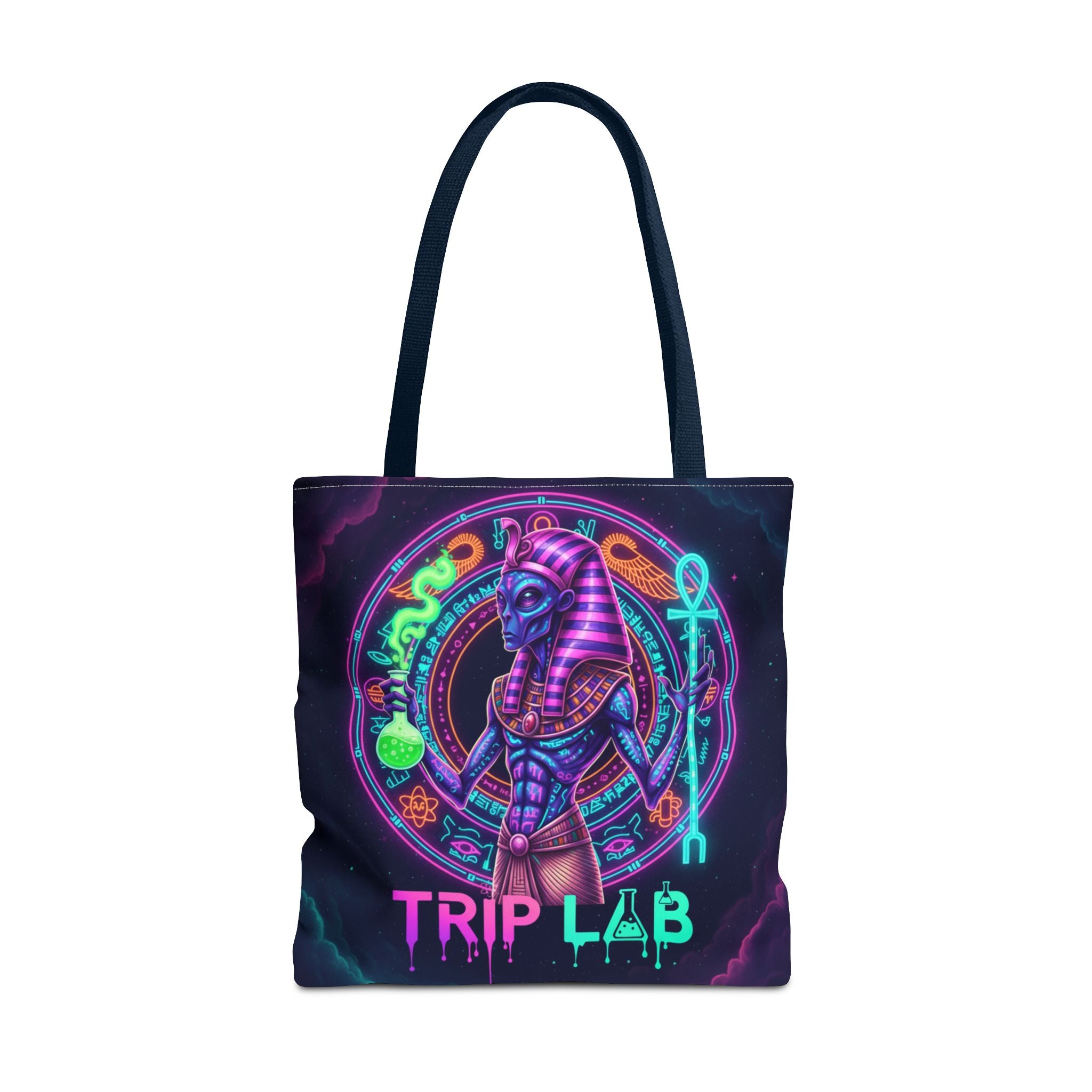 Psychedelic Trip Lab Tote Bag — Neon Ancient-Egypt Anubis All-Over Print