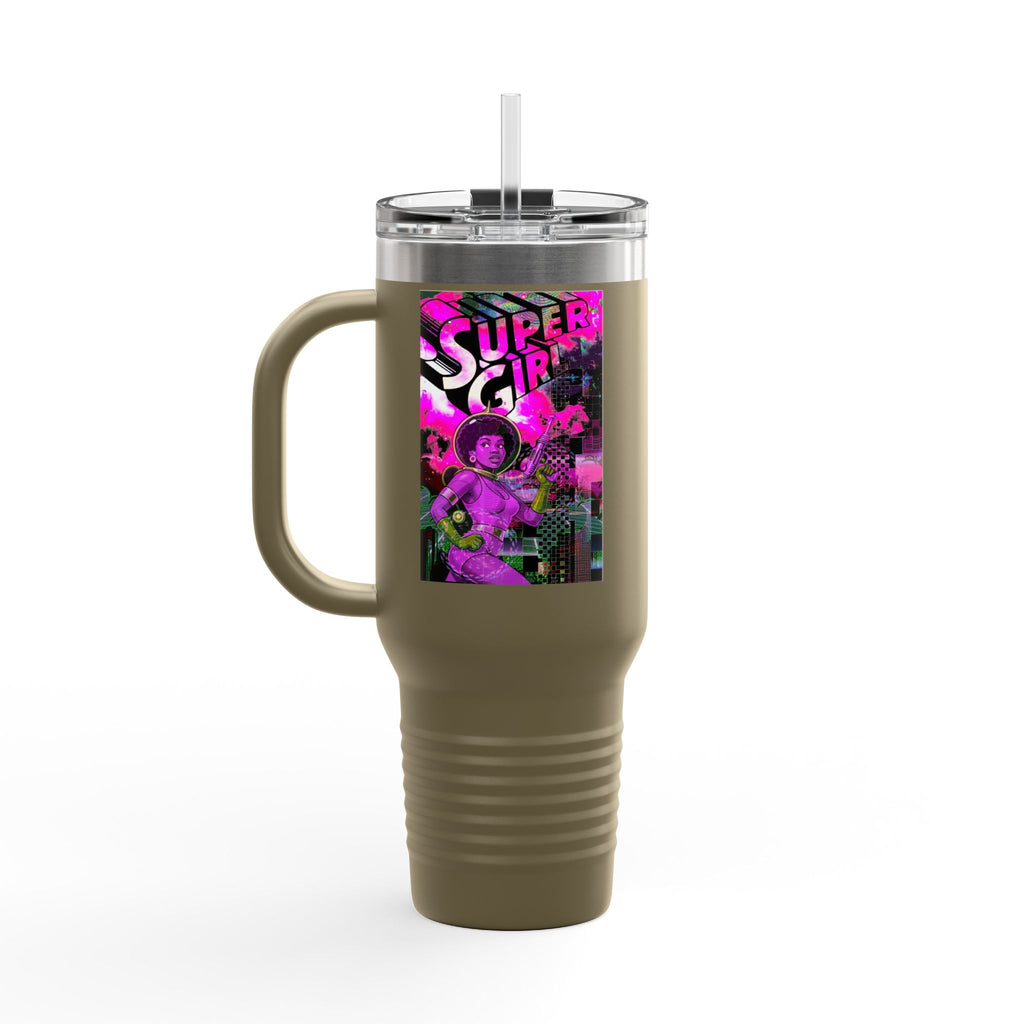 40oz Travel Mug — Neon 'Super Girl' Retro Comic Design