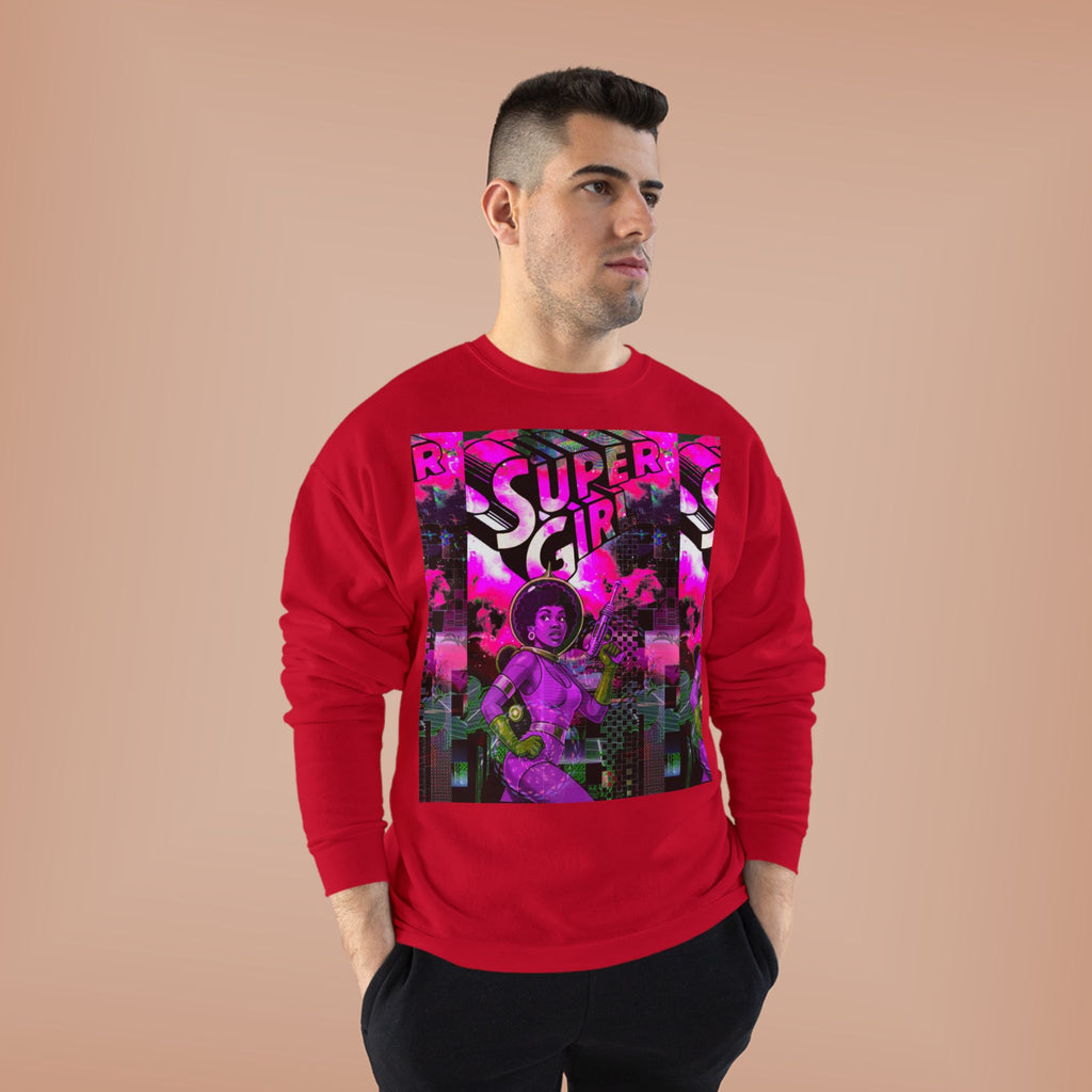 Super Girl Crewneck Sweatshirt — Retro Neon Comic Graphic
