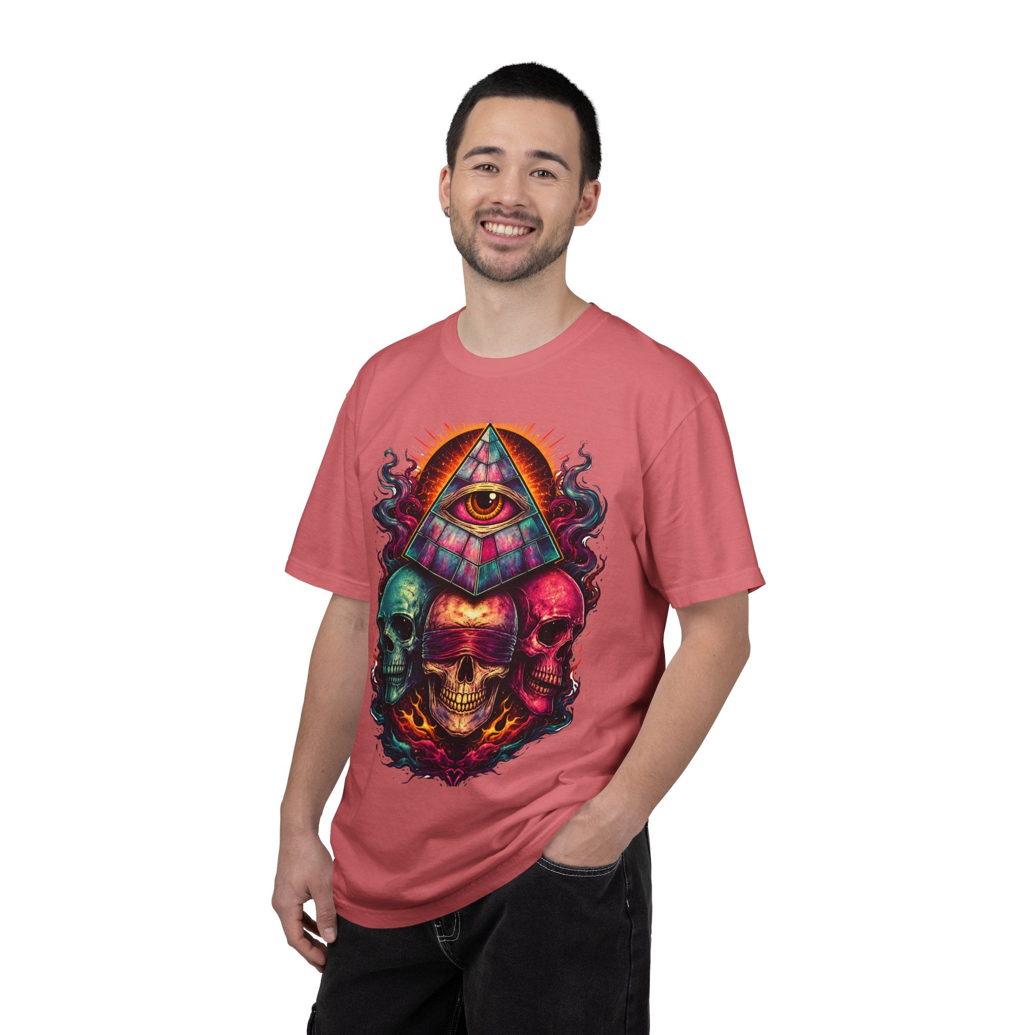 T-Shirt — Psychedelic All-Seeing Eye & Triple Skulls Graphic.       💀 i got make tags for for this Printify