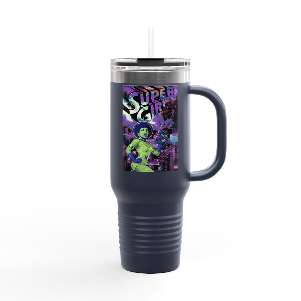 40oz Insulated Travel Mug — Neon 'Supergirl' Retro Comic Design