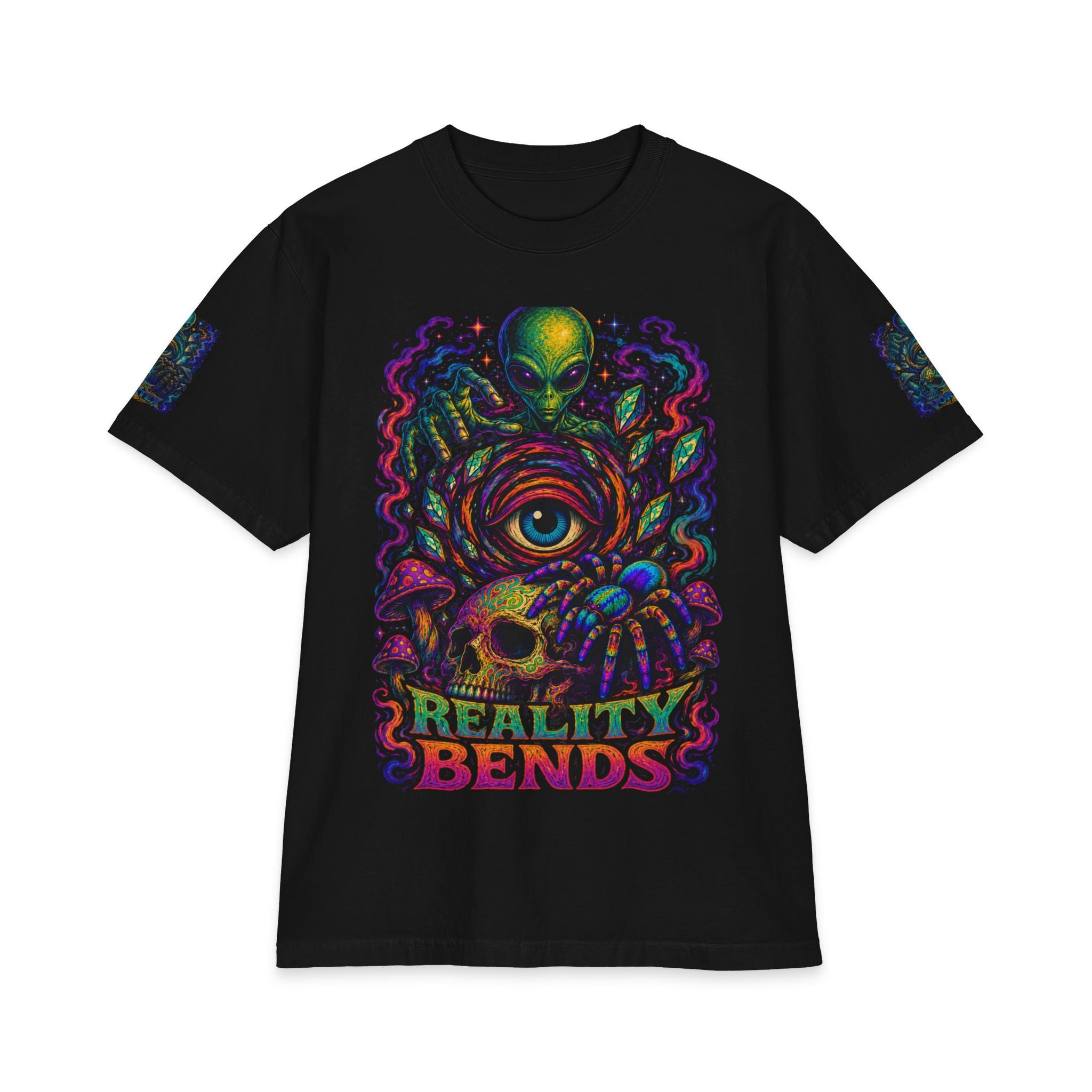 Psychedelic "Reality Bends" Graphic T-Shirt — Alien Eye & Crown Skull Tee
