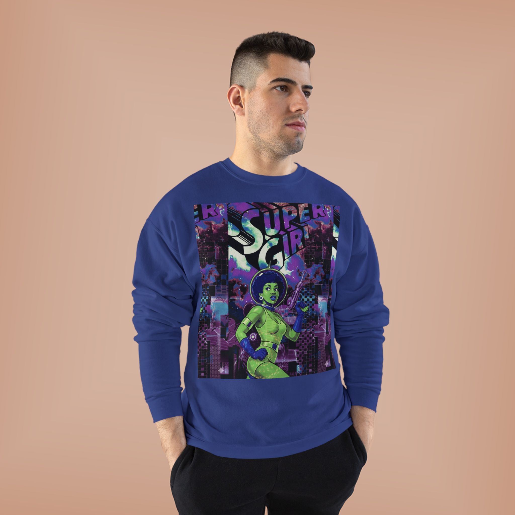 Retro Sci‑Fi 'Supergirl' Graphic Sweatshirt — Neon Space Comic Crewneck