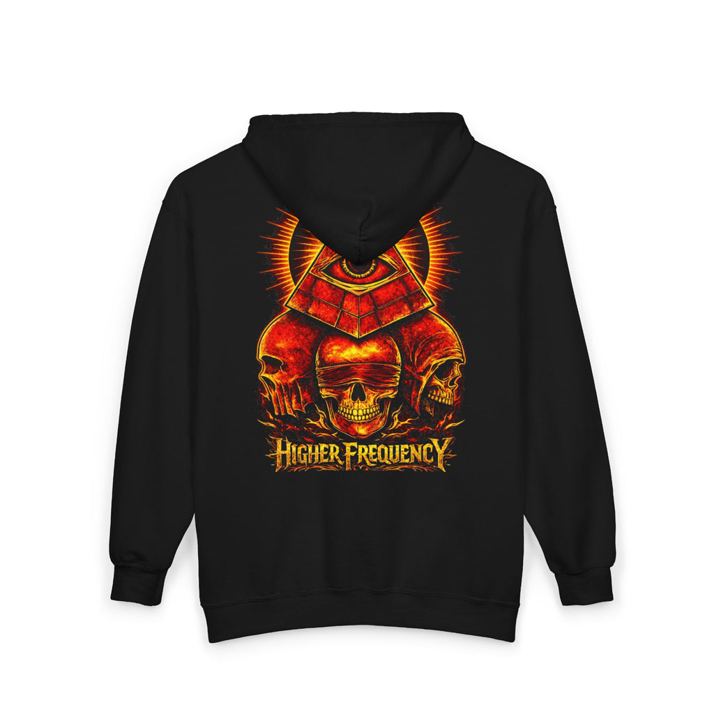 Illuminated Skull Zip Hoodie — All-Seeing Eye Graphic Back Printify