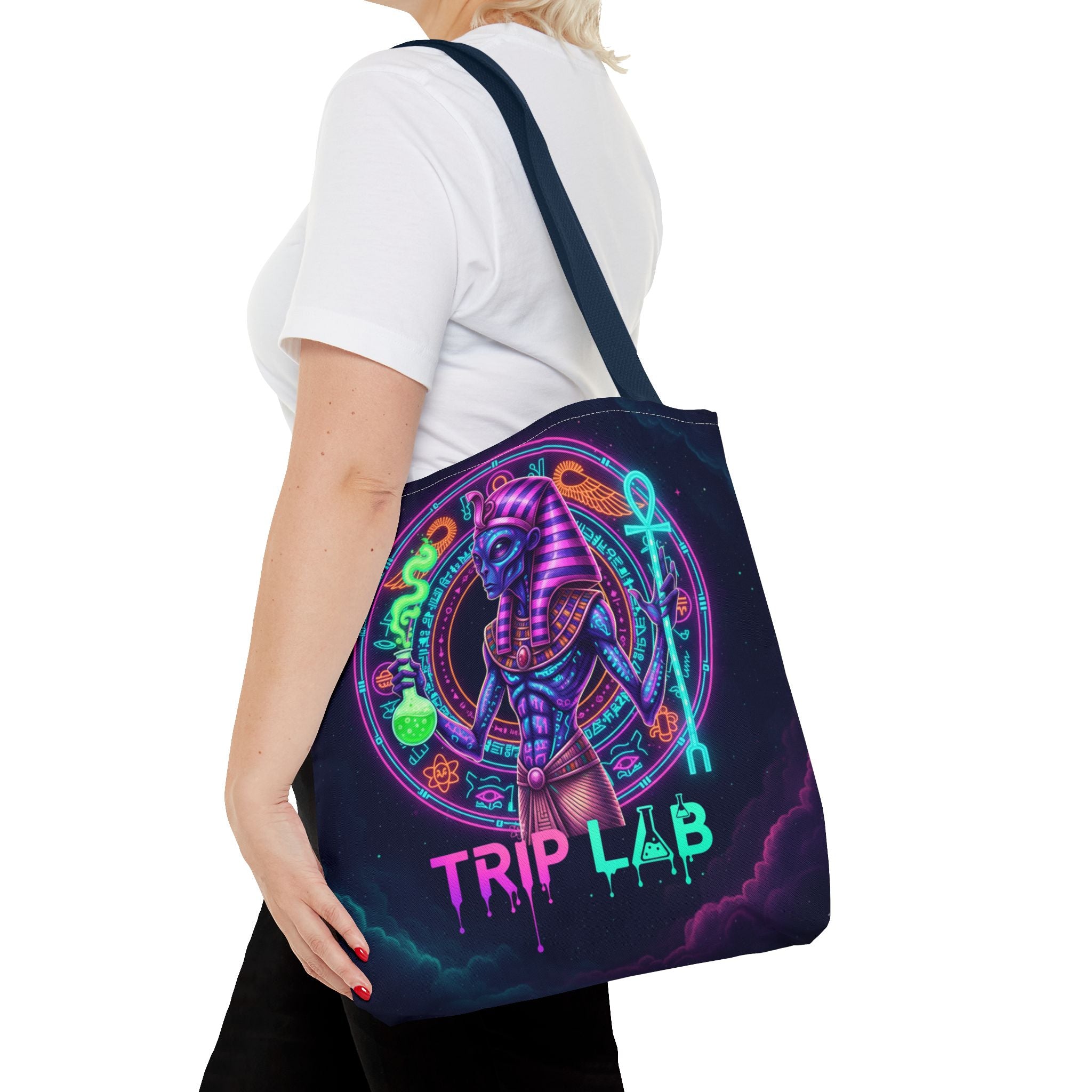 Psychedelic Trip Lab Tote Bag — Neon Ancient-Egypt Anubis All-Over Print