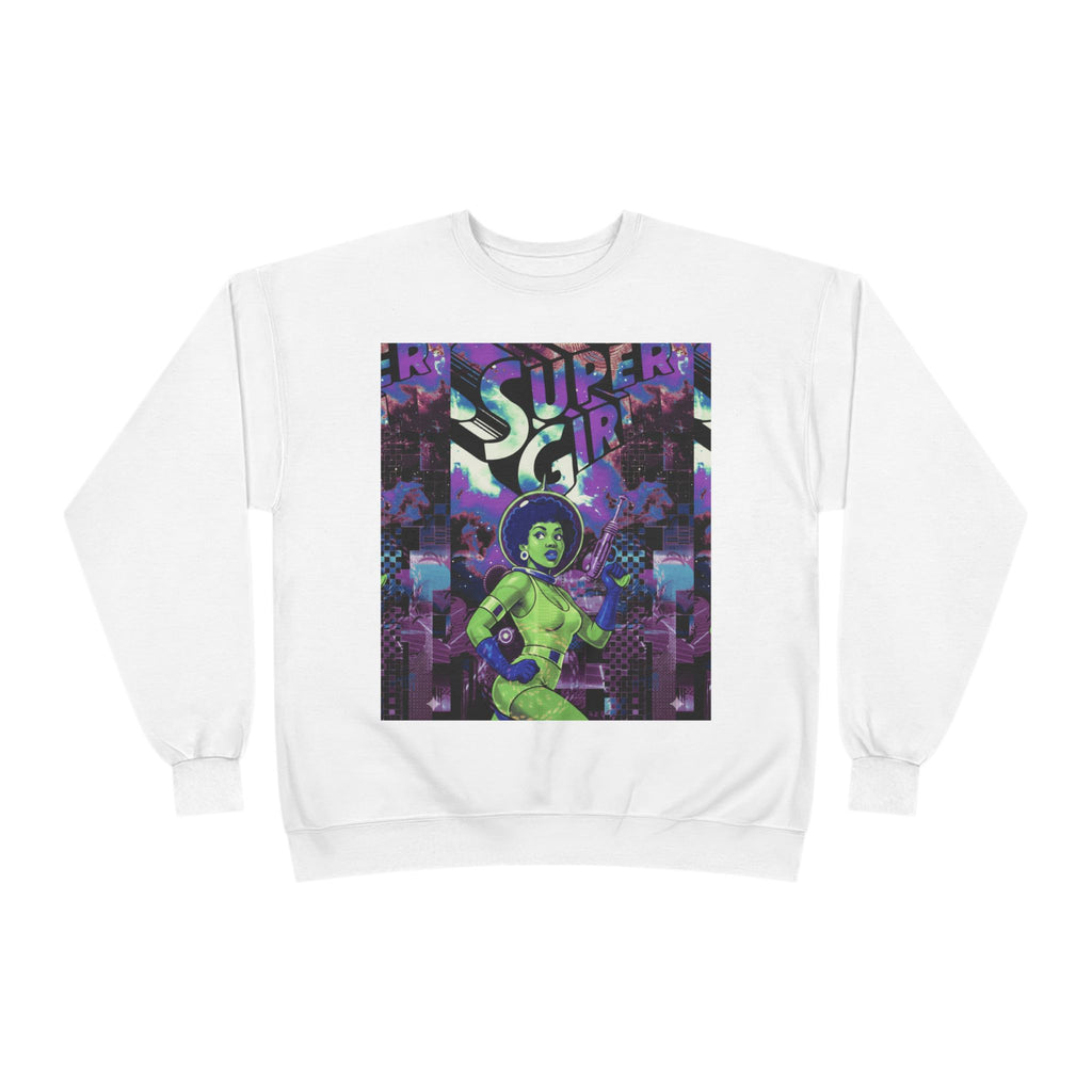Retro Sci‑Fi 'Supergirl' Graphic Sweatshirt — Neon Space Comic Crewneck