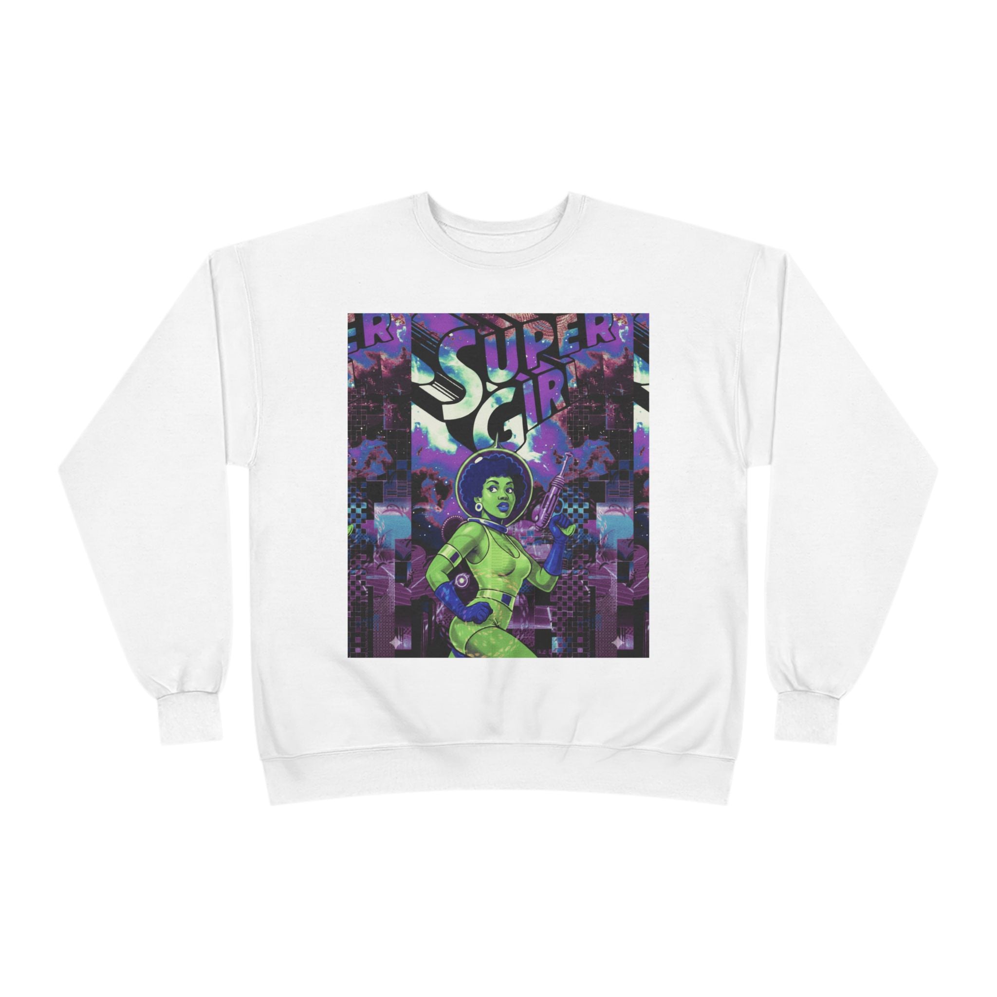Retro Sci‑Fi 'Supergirl' Graphic Sweatshirt — Neon Space Comic Crewneck