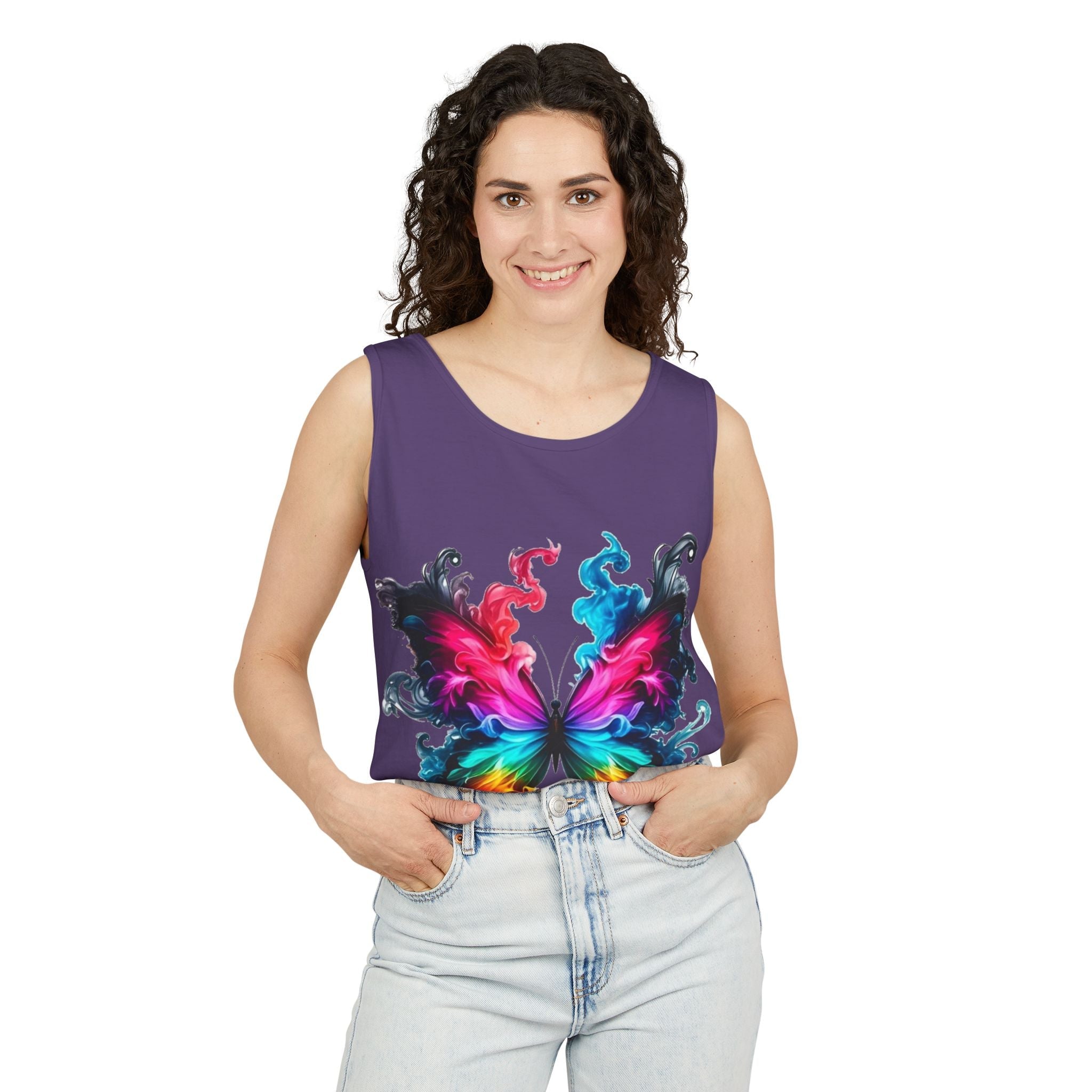 Vibrant Butterfly Design Unisex Tank Top | Colorful Summer Sleeveless Shirt, Gift for Nature Lovers, Festival Wear, Eco-Friendly Fashion Printify