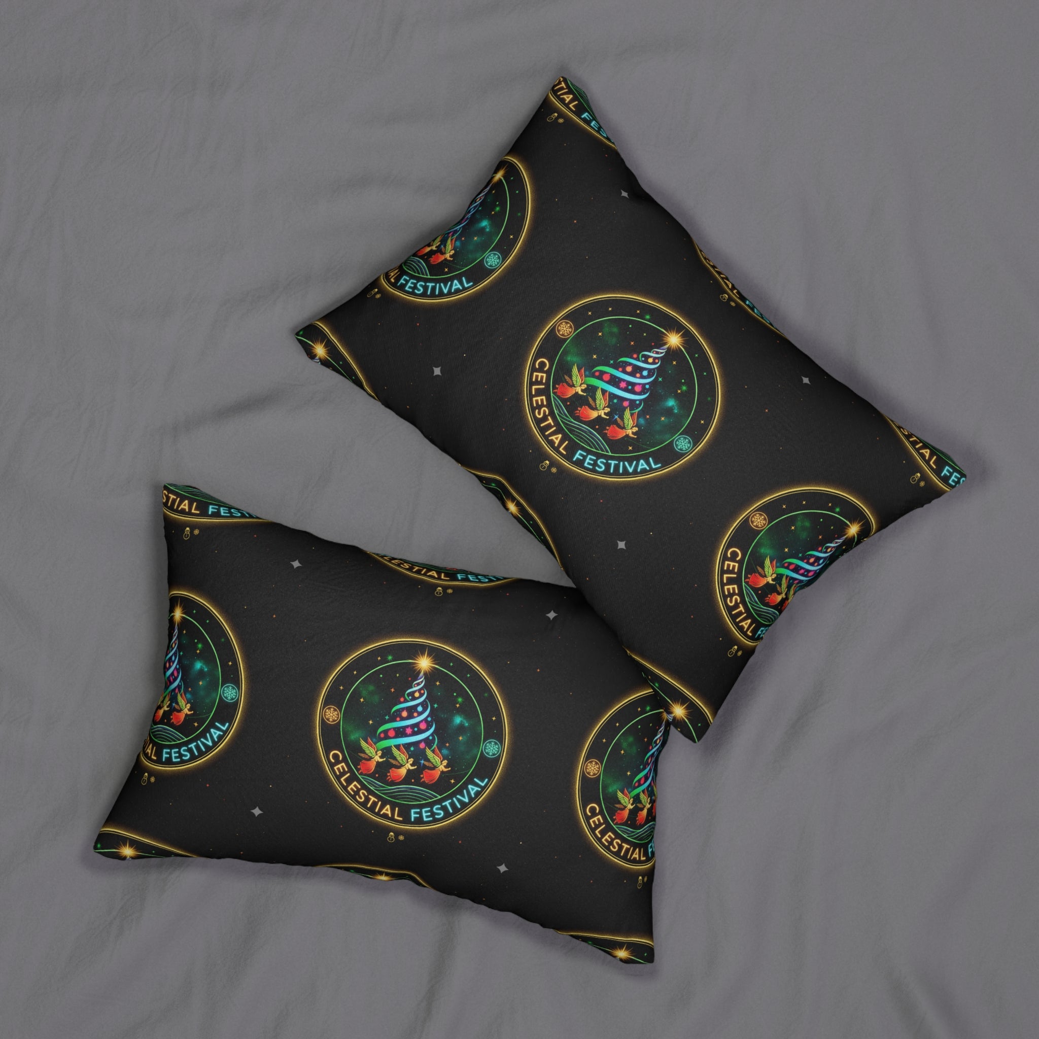 Celestial Festival Lumbar Pillow — Festive Night Sky Tree Accent Cushion