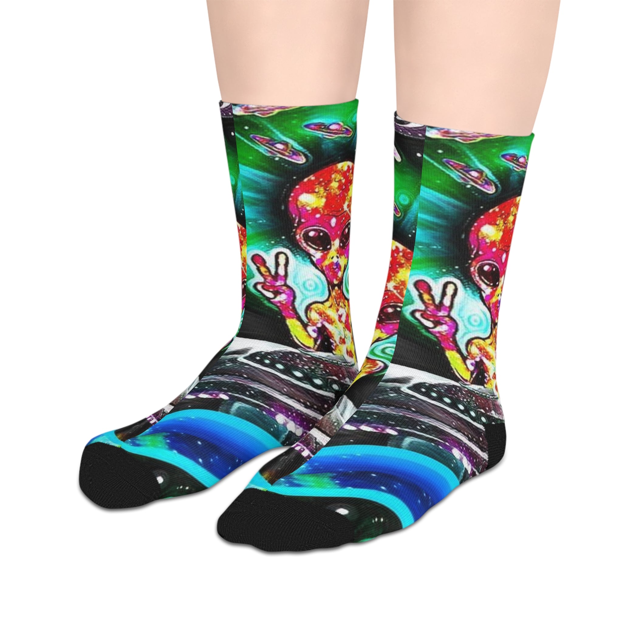 Psychedelic Space Alien Mid-Length Socks — Colorful Cosmic Trippy Design