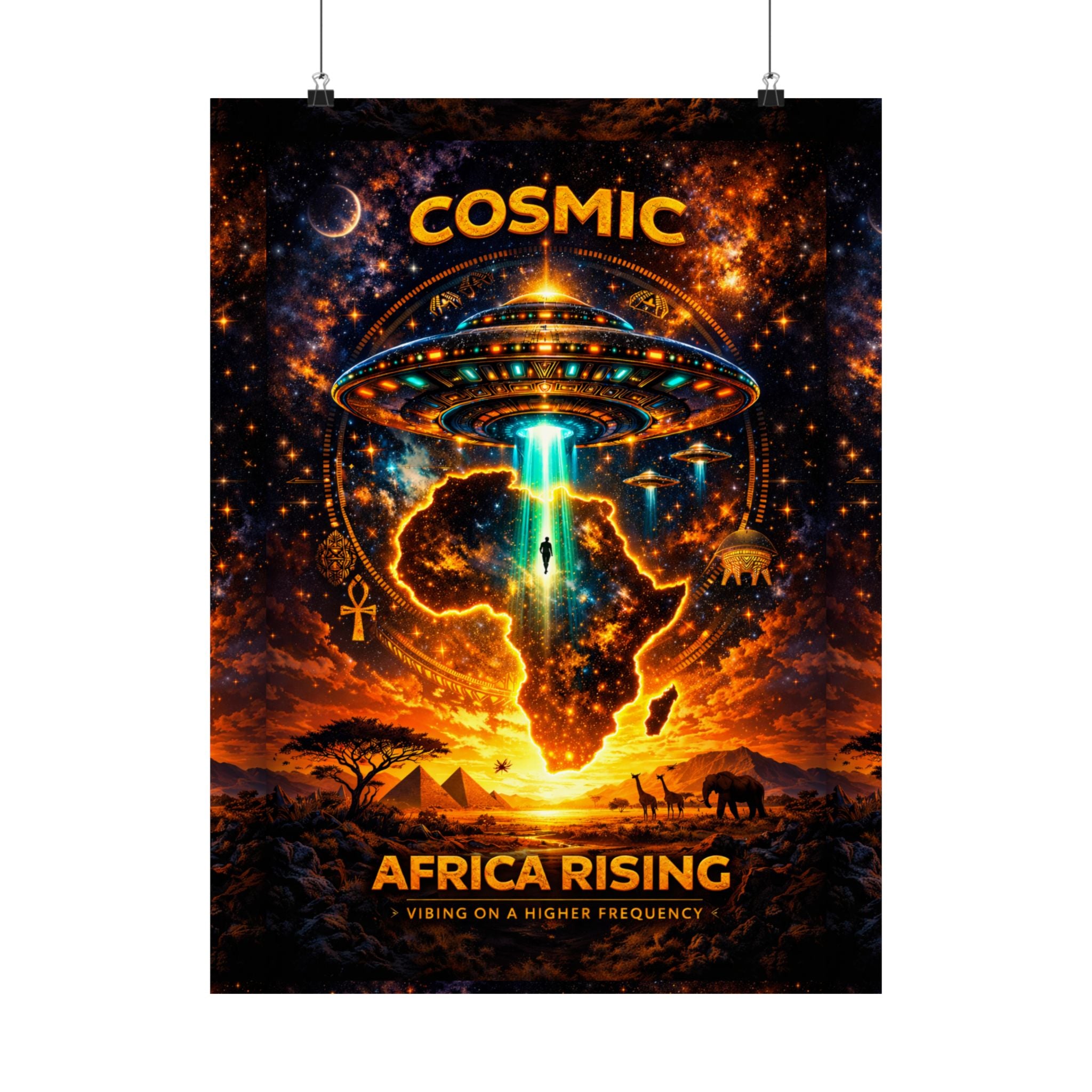 Cosmic Africa Rising Poster — Afro Futuristic UFO Wall Art