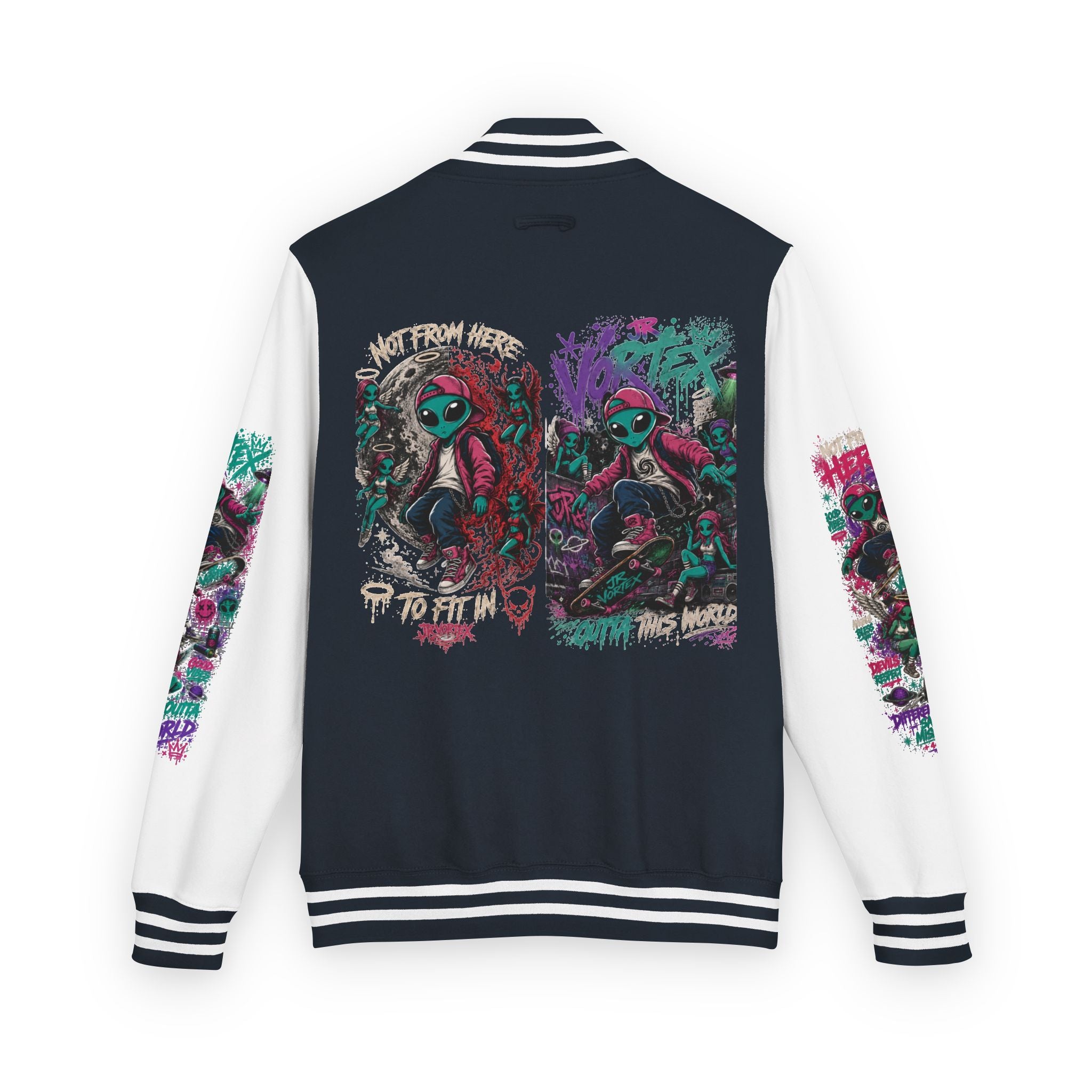 Letterman Jacket — Neon Alien Skull Graphic Varsity Jacket