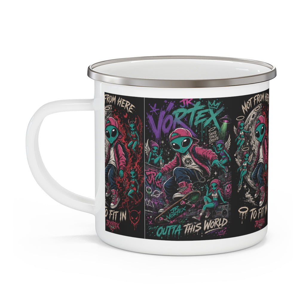 Enamel Mug — 'Not From Here' Skateboarding Alien Graphic Camper Cup