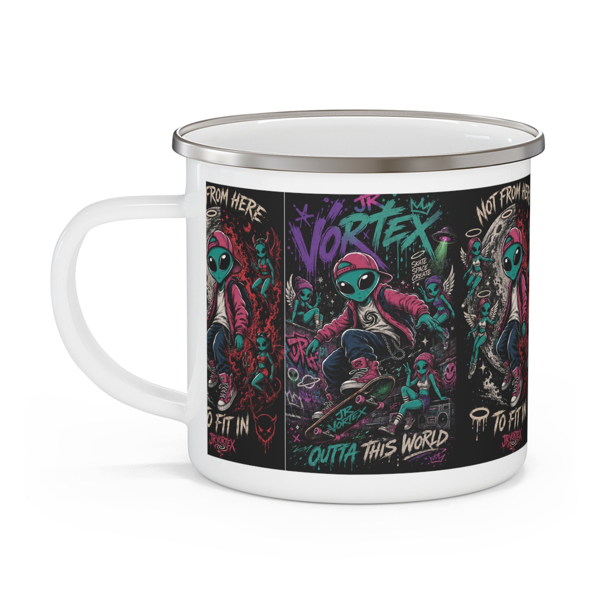 Enamel Mug — 'Not From Here' Skateboarding Alien Graphic Camper Cup