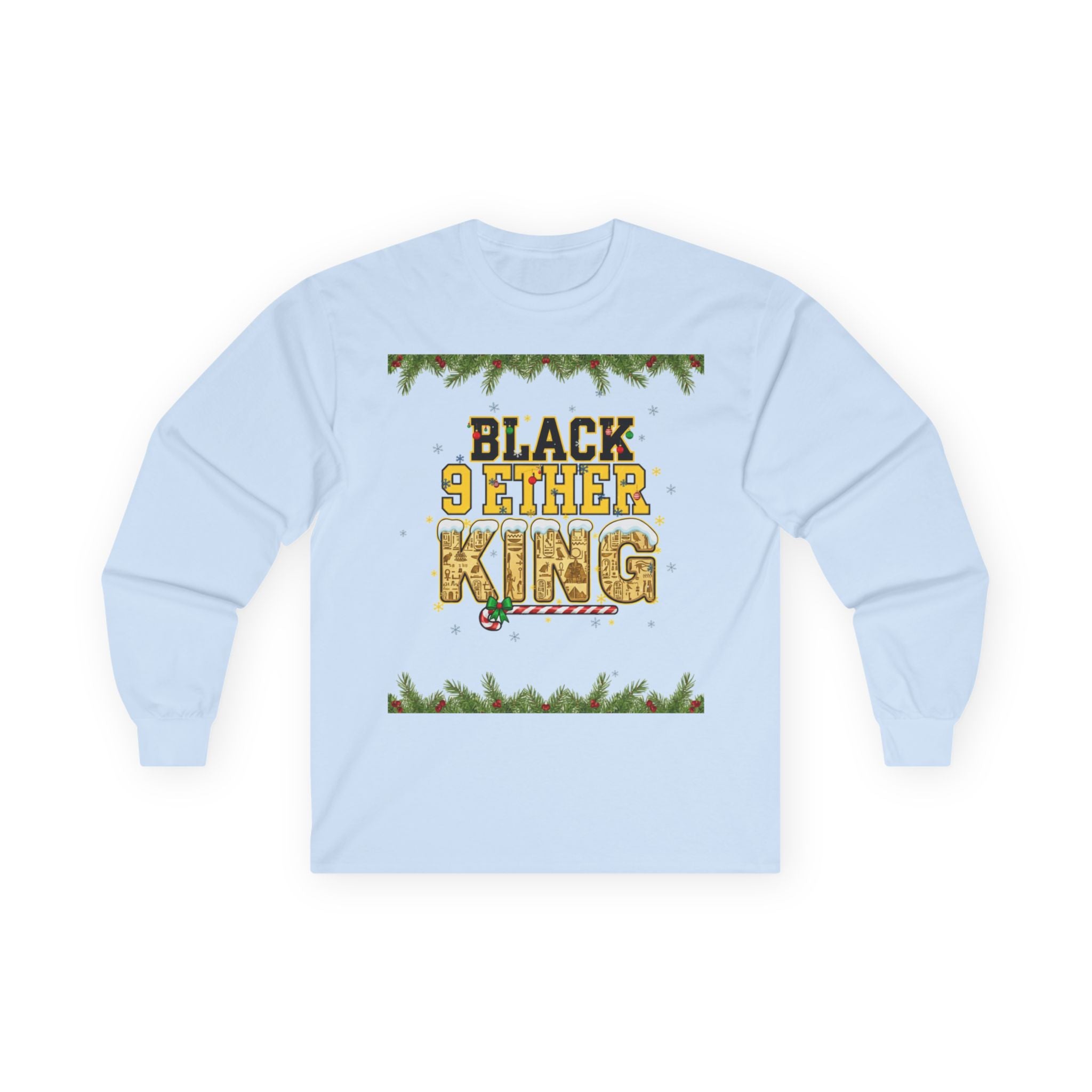 Long Sleeve Tee — "Black 9ether King" Holiday Graphic with Pine Garland