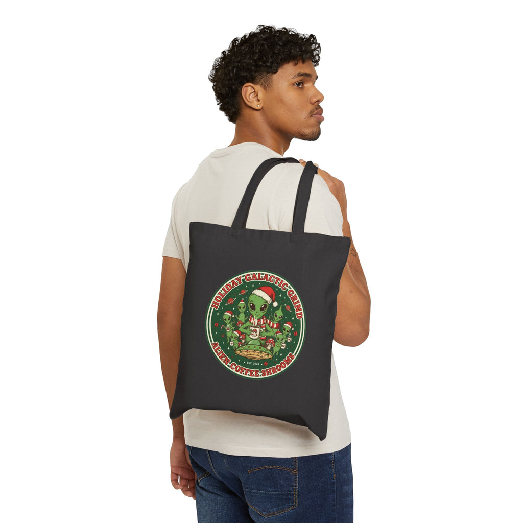 Alien Holiday Tote Bag — “Holiday Galactic Grind” Christmas Canvas Tote🎁☕️