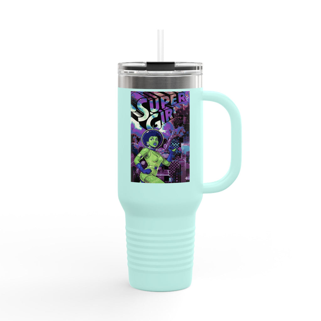 40oz Insulated Travel Mug — Neon 'Supergirl' Retro Comic Design