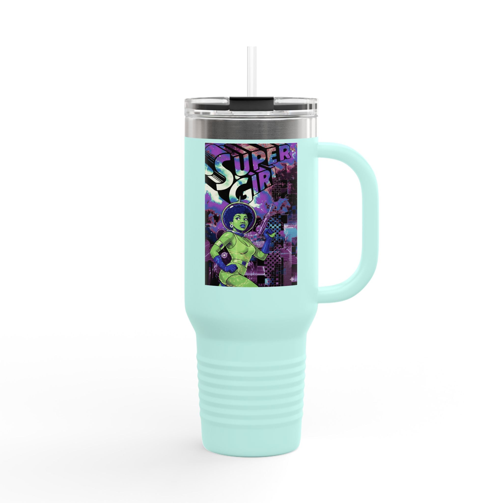 40oz Insulated Travel Mug — Neon 'Supergirl' Retro Comic Design