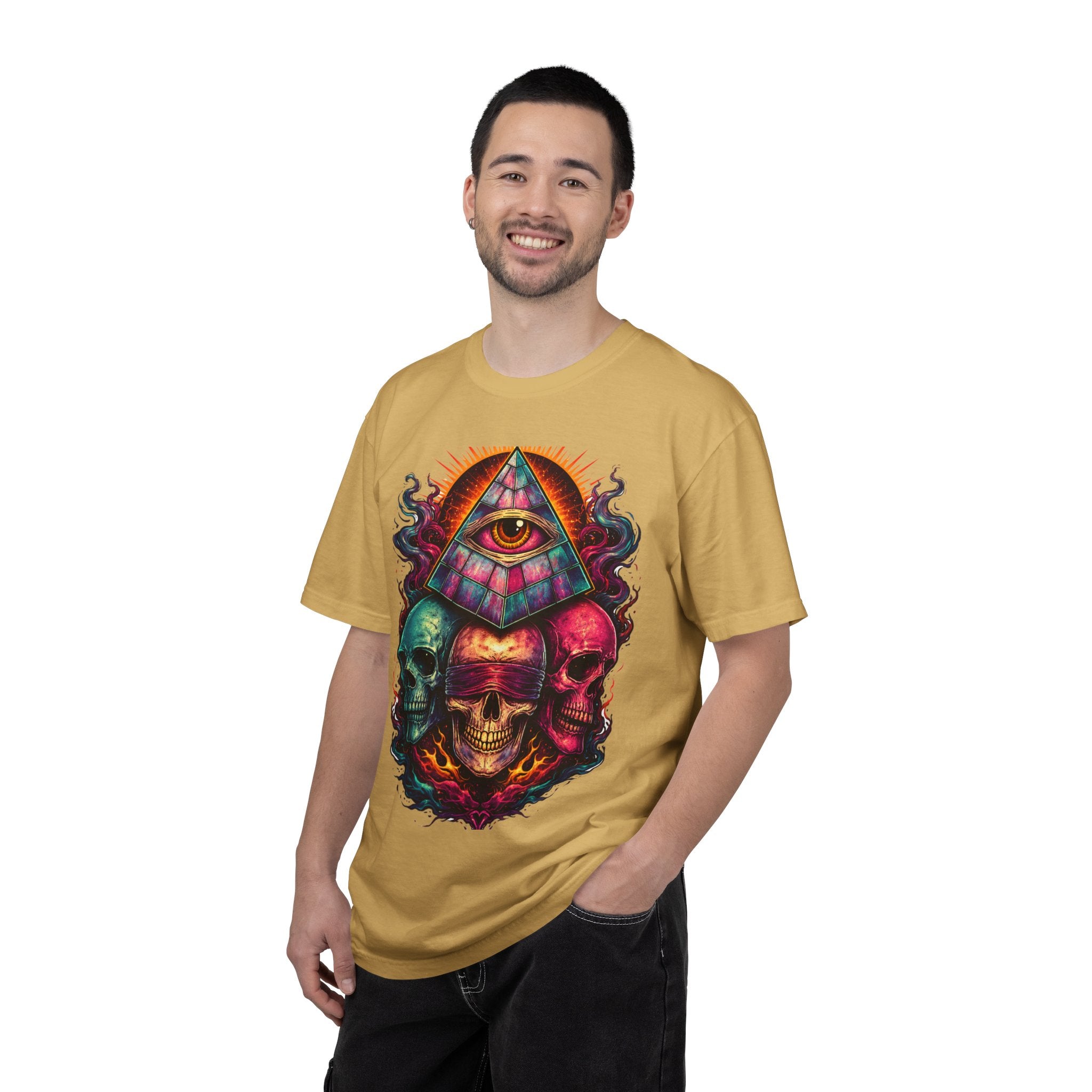 T-Shirt — Psychedelic All-Seeing Eye & Triple Skulls Graphic.       💀 i got make tags for for this Printify