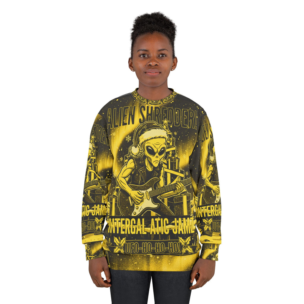 Alien Shredder Sweatshirt — Holiday Rocking UFO Guitar Graphic
