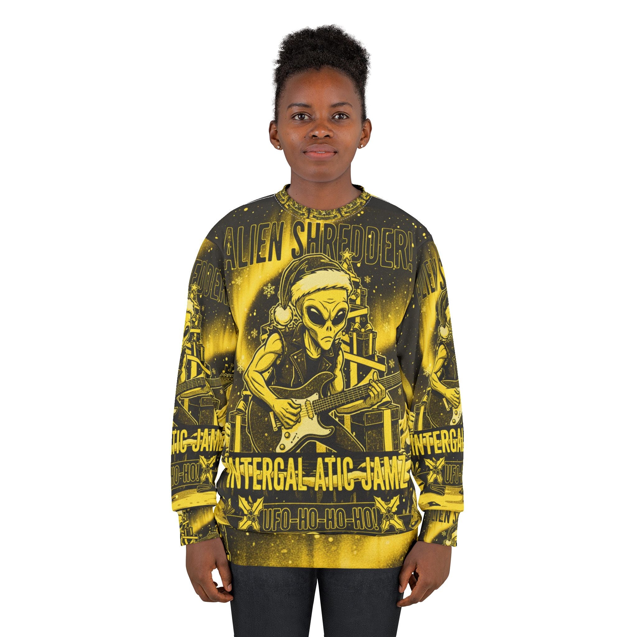 Alien Shredder Sweatshirt — Holiday Rocking UFO Guitar Graphic