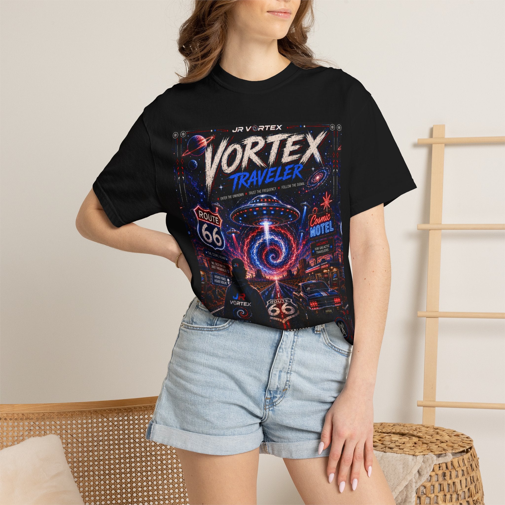 Vortex Traveler Graphic T-Shirt — Retro Route 66 Neon Space Design