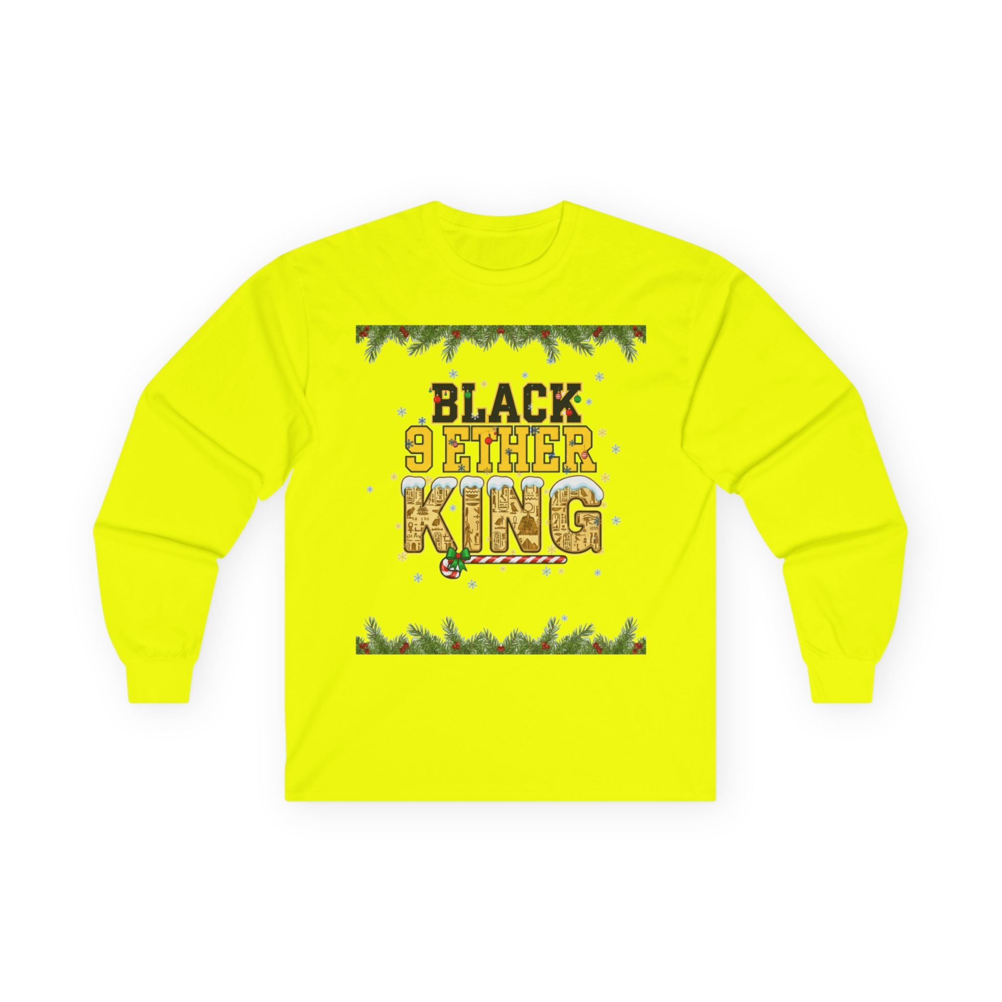 Long Sleeve Tee — "Black 9ether King" Holiday Graphic with Pine Garland