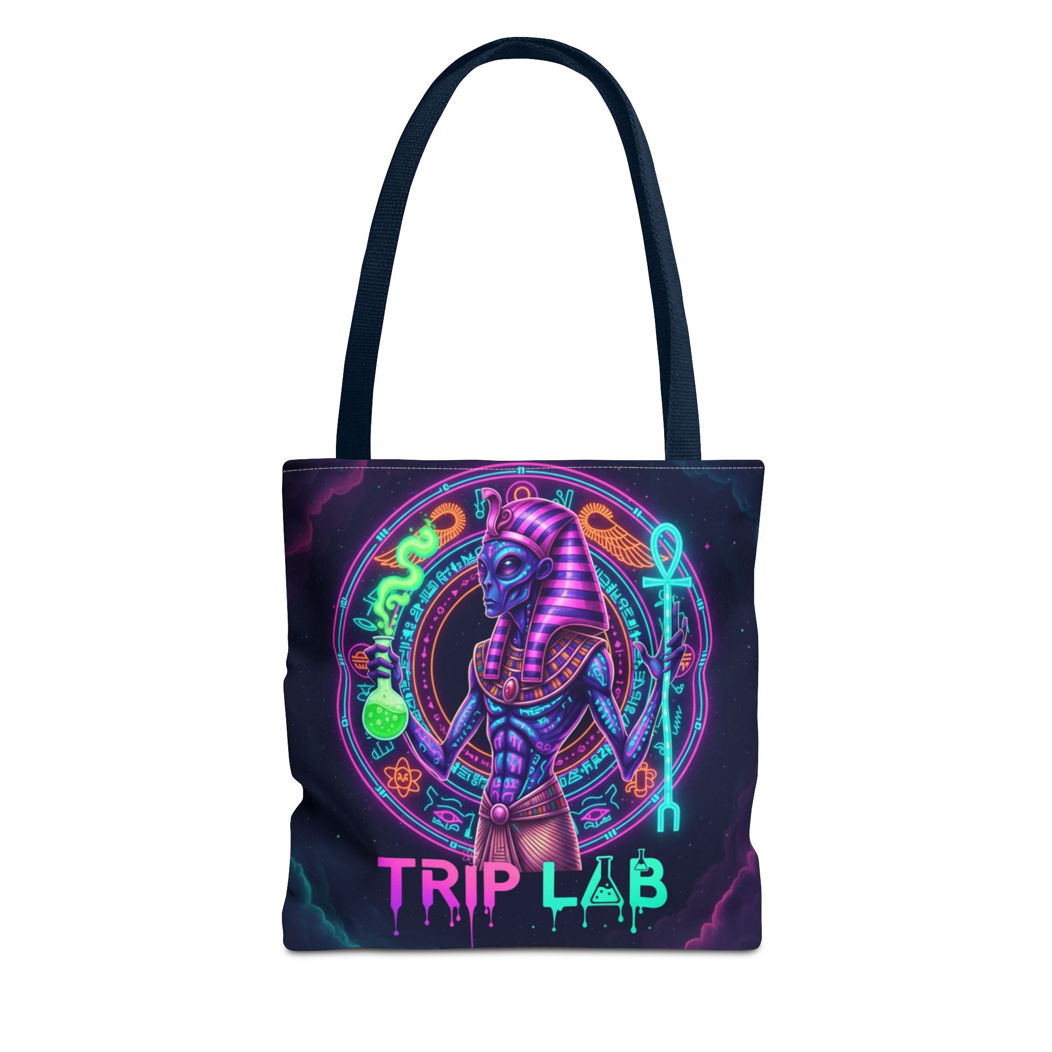 Psychedelic Trip Lab Tote Bag — Neon Ancient-Egypt Anubis All-Over Print