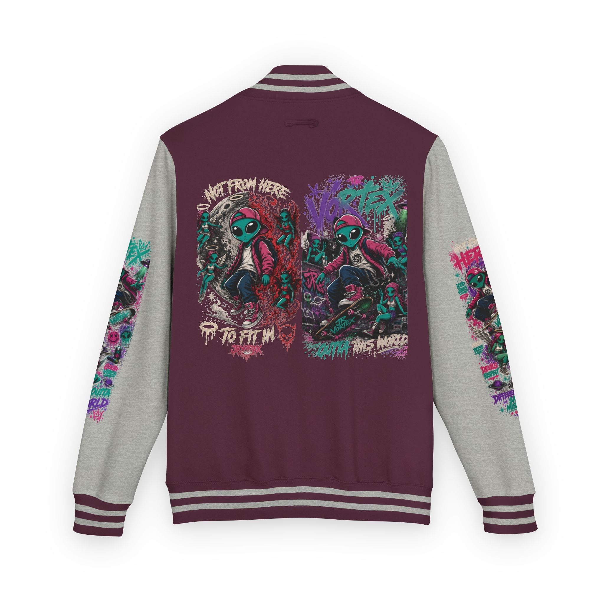 Letterman Jacket — Neon Alien Skull Graphic Varsity Jacket