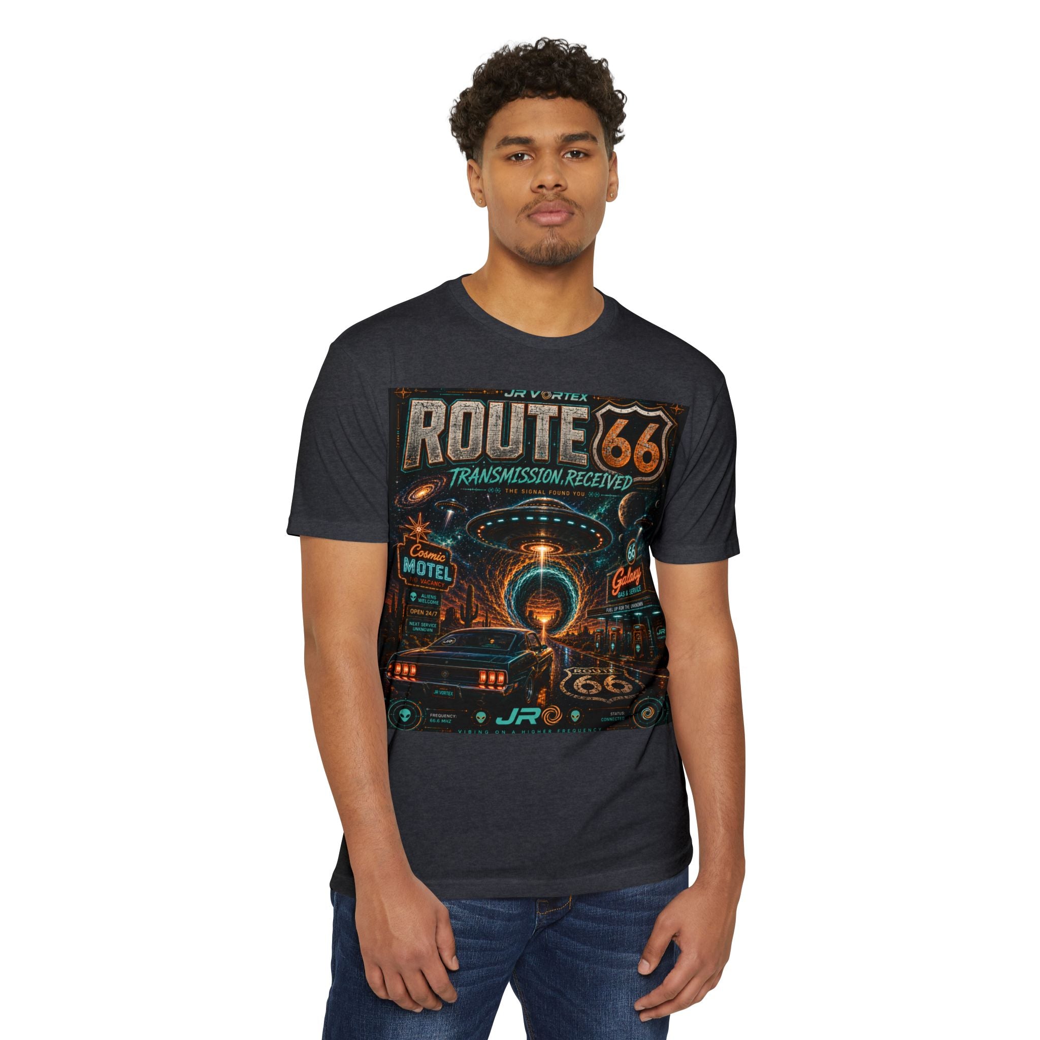 Route 66 Transmission Received Tee – JR Vortex Cosmic Signal Graphic T-Shirt