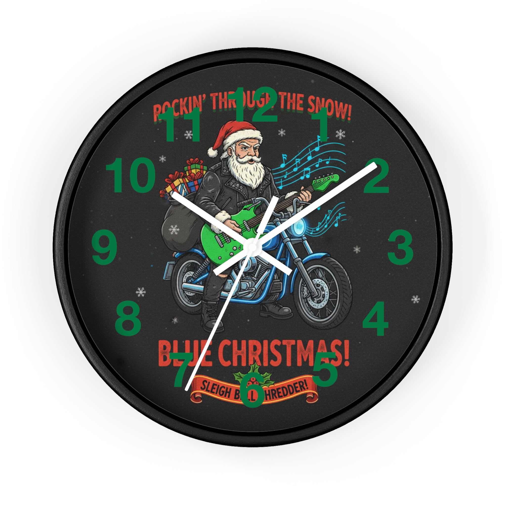 Blue Christmas Motorcycle Santa Wall Clock — Rockin' Through the Snow Holiday Decor