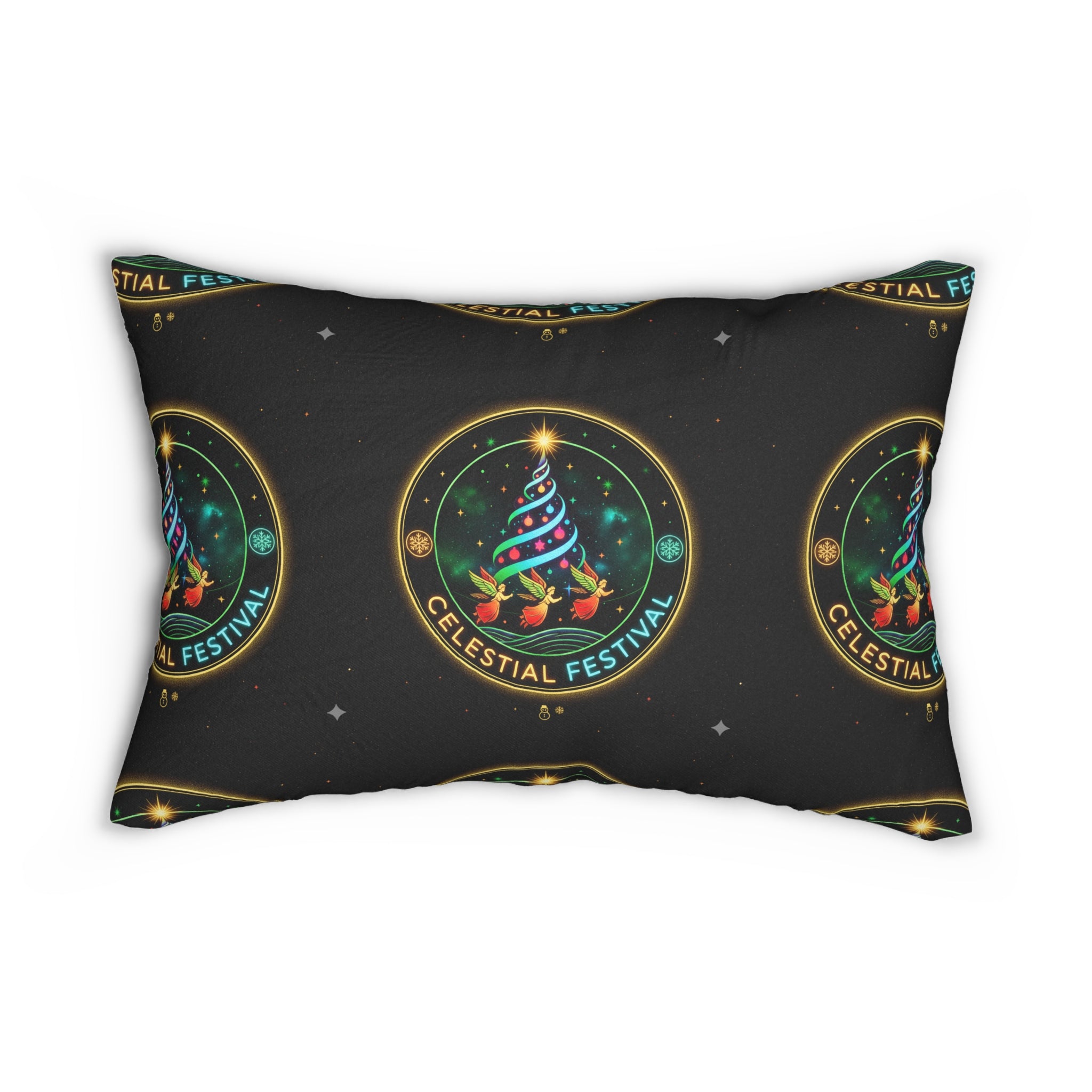 Celestial Festival Lumbar Pillow — Festive Night Sky Tree Accent Cushion